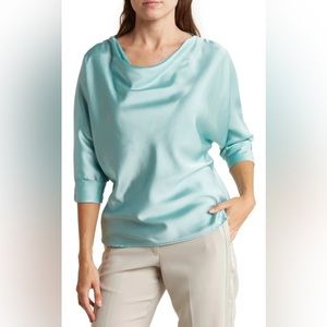 Renee C Steel Blue Cowl Neck Satin Blouse Size XL NWT